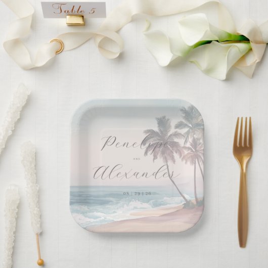 Romantische Pastell-Wasserfarben-Strandszene Pappteller (Hochzeit)