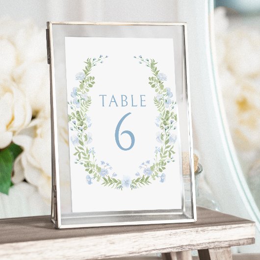 Romantische pastellblaue Blume Hochzeit Tischnumme Einladung