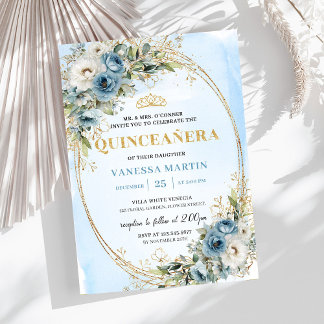 Romantische Pastellblaue Gold-Eukalyptus-Quinceañe Einladung