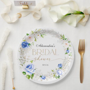 Romantische pastellblaue Rosen Brautdusche Pappteller