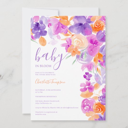 Romantische pastellfarbene lila orange Blütendusch Einladung (Vorderseite)