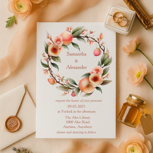 Romantische Peach Blossom Wreath Wedding Einladung