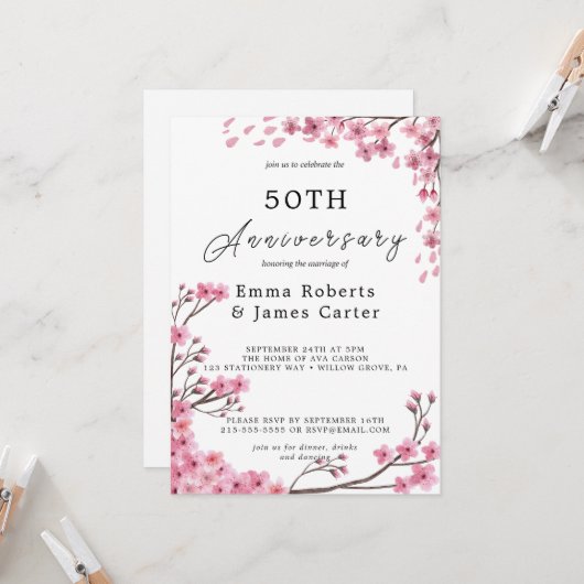 Romantische Peonies 50. Hochzeitstag Einladung (Vorderseite/Rückseite Beispiel)