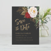 Romantische Peonies Black & Gold Boho Script Save The Date (Stehend Vorderseite)