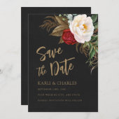 Romantische Peonies Black & Gold Boho Script Save The Date (Vorne/Hinten)