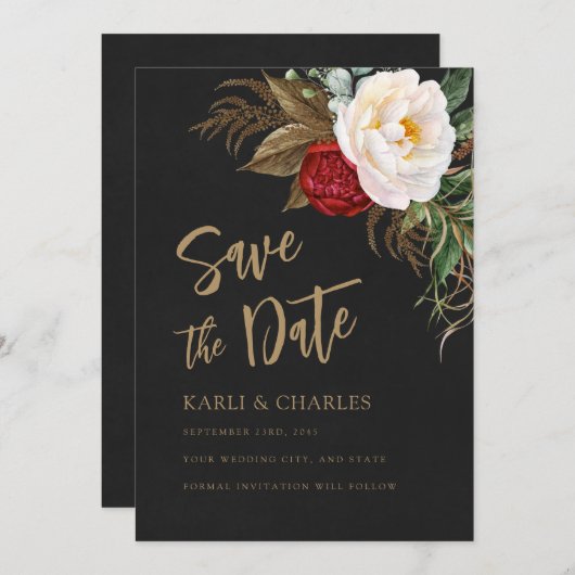 Romantische Peonies Black & Gold Boho Script Save The Date (Vorne/Hinten)
