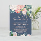 Romantische Peonies | Blaues 50. Hochzeitstag Einladung (Stehend Vorderseite)