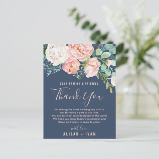 Romantische Peonies | Blue Dankeschön Empfang Card Postkarte (Stehend Vorderseite)