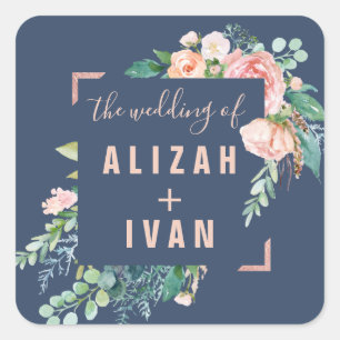Romantische Peonies Blue Wedding Umschlag Aufkle Quadratischer Aufkleber