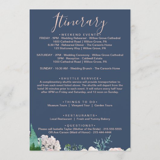 Romantische Peonies | Blue Welcome Letter & Itiner Programm (Rückseite)