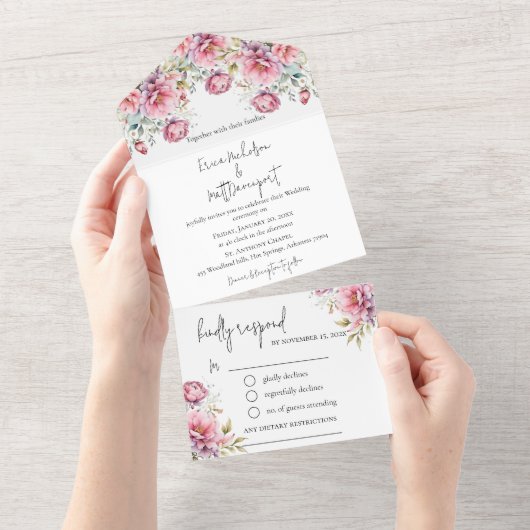 Romantische Peonies Hochzeit All In One Einladung (Abreißtisch)