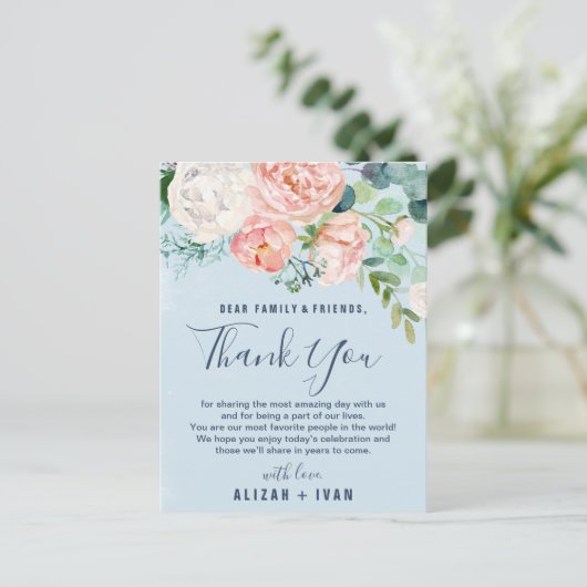 Romantische Peonies Light Blue Danke Hochzeitkarte Postkarte (Stehend Vorderseite)