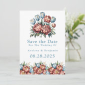 Romantische Peonings & Tulips speichern die Datums Einladung (Stehend Vorderseite)