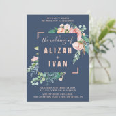 Romantische Peony-Blume | Blau die Hochzeit von Einladung (Stehend Vorderseite)