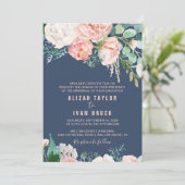 Romantische Peony-Blume | Blaue feierliche Hochzei Einladung (Stehend Vorderseite)