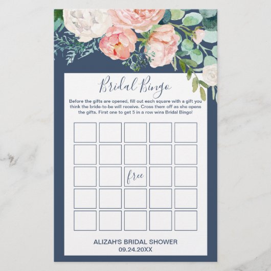 Romantische Peony-Blume | Blue Bridal Bingo Game Flyer (Vorne)