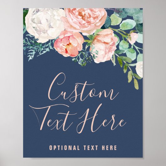 Romantische Peony-Blume | Blue Custom Text Sign Poster (Vorne)