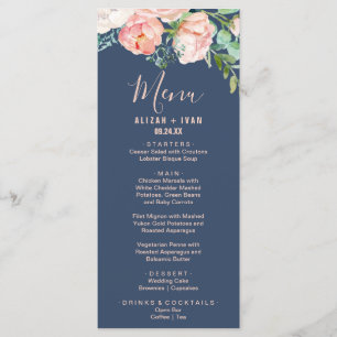 Romantische Peony-Blume   Blue Dinner Menu Card Menükarte