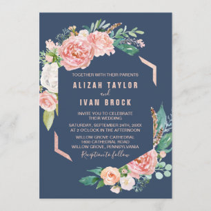 Romantische Peony-Blume   Blue Wedding Einladung