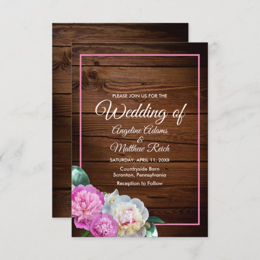 Romantische Peony Blume Holzfeierliche Hochzeit Einladung (Vorne/Hinten)