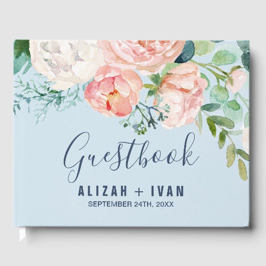 Romantische Peony-Blume | Light Blue Wedding Gästebuch (Vorderseite)