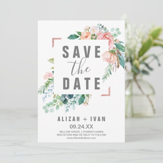 Romantische Peony-Blume Save the Date Karte (Stehend Vorderseite)