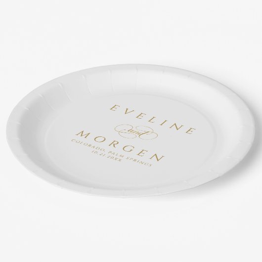 Romantische personalisierbare GoldWedding-Typograf Pappteller (Schrägansicht)