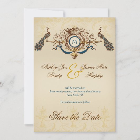 Romantische Pfau-Anhündigung zum Speichern des Ter Save The Date (Vorderseite)