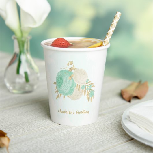 Romantische Pfefferminze, grün-weiße Blume Gold Pappbecher (In Situ)