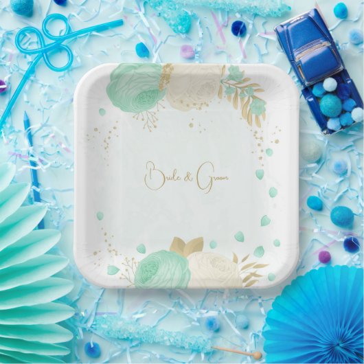 Romantische Pfefferminze, grün-weiße Blume Gold Pappteller (Party)