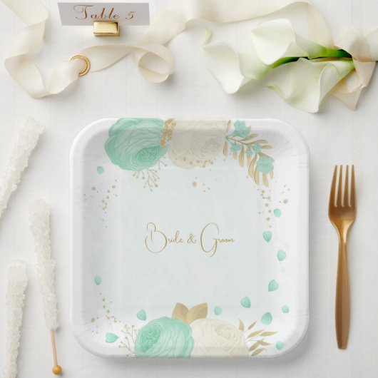 Romantische Pfefferminze, grün-weiße Blume Gold Pappteller (Hochzeit)