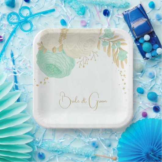 Romantische Pfefferminzgrün-weiße Blume Goldpapier Pappteller (Party)