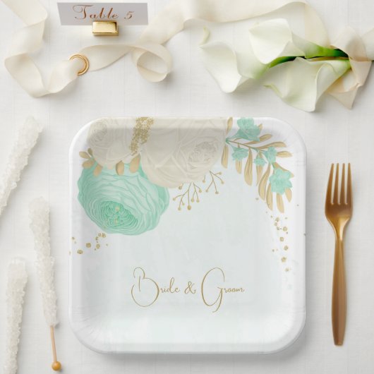 Romantische Pfefferminzgrün-weiße Blume Goldpapier Pappteller (Hochzeit)
