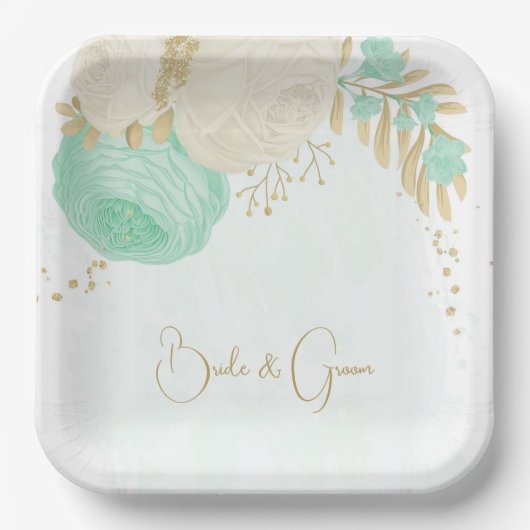 Romantische Pfefferminzgrün-weiße Blume Goldpapier Pappteller (Vorderseite)