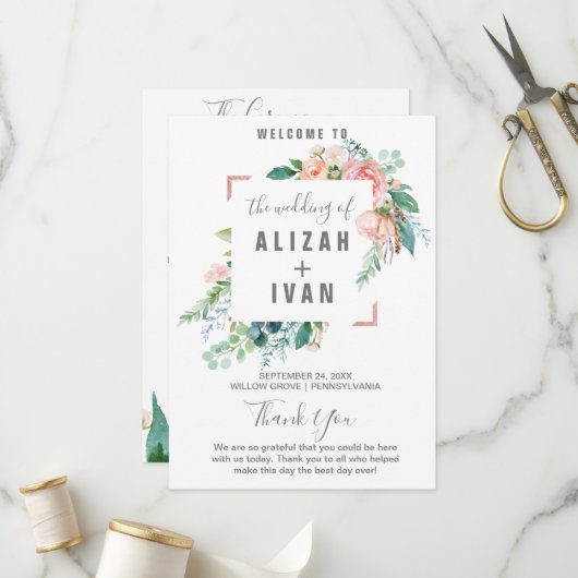 Romantische Pfingstrosen Hochzeitsprogramm Programm (Vorderseite/Rückseite Beispiel)
