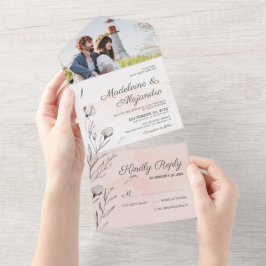 Romantische Pfirsich & grau florale Elegante Hochz All In One Einladung