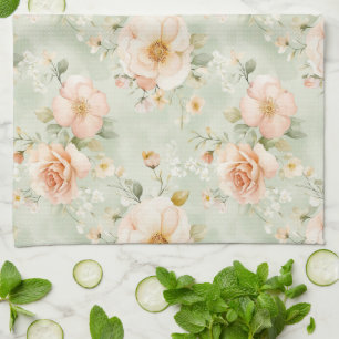Romantische Pfirsich-Minze-Hübsche-Rosen-Blumen Geschirrtuch