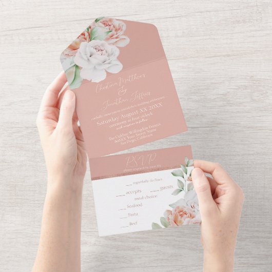 Romantische Pfirsich und weiße Blume All In One Einladung (Abreißen)