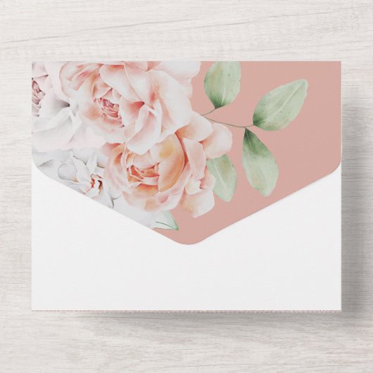 Romantische Pfirsich und weiße Blume All In One Einladung (Rückseite)