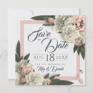 Romantische Pfirsich- und weiße Blumen-Pfingstrose Save The Date