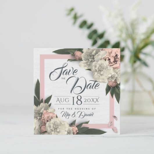 Romantische Pfirsich und weiße Blütenstände Save The Date (Stehend Vorderseite)