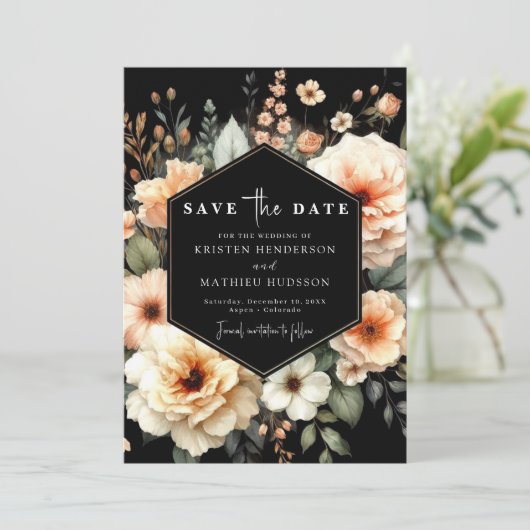 Romantische Pfirsichhochzeit Save The Date (Stehend Vorderseite)