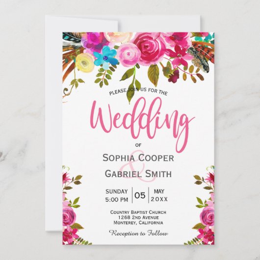 Romantische Pink-Aquarell-Blumenschrift Hochzeit Einladung (Vorderseite)