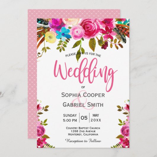 Romantische Pink-Aquarell-Blumenschrift Hochzeit Einladung (Vorne/Hinten)