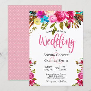 Romantische Pink-Aquarell-Blumenschrift Hochzeit Einladung