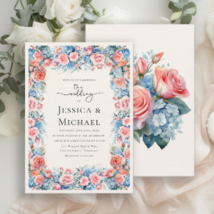 Romantische Pink Blue Watercolor Blumenhochzeit Einladung