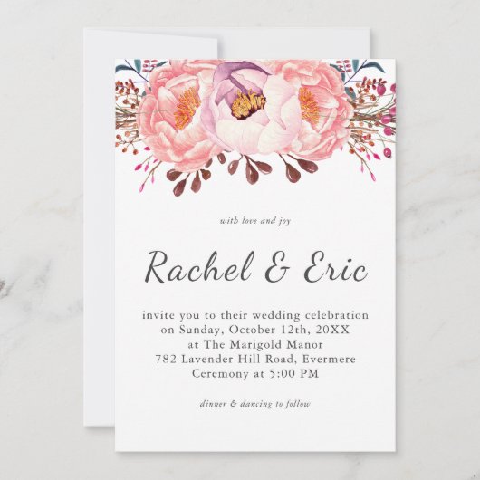 Romantische Pink Blush Peony Floral Wedding Einladung (Vorderseite)