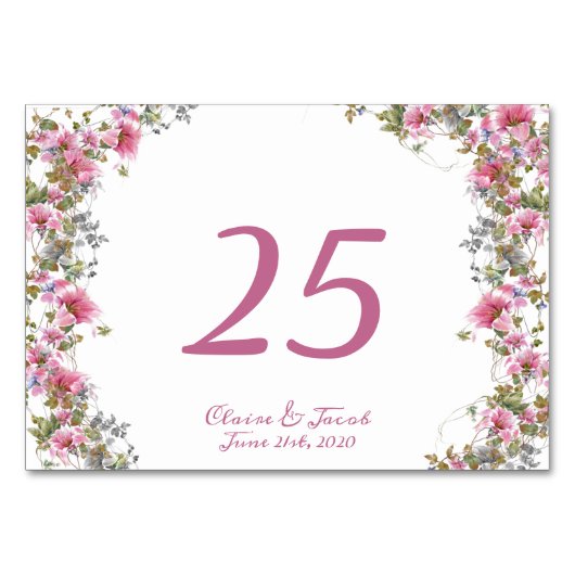 Romantische Pink-Floral-Aquarellschrift Tischnummer (Vorderseite)