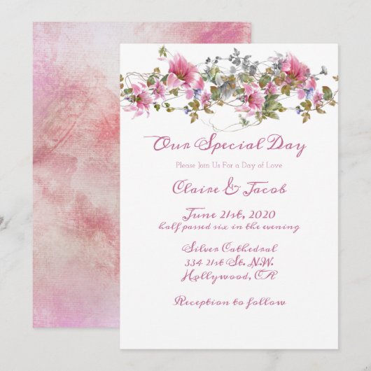 Romantische Pink Floral Wasserfarbenhochzeit Einladung (Vorne/Hinten)