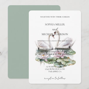 Romantische Pink Lotus Floral Swans Hochzeit Einladung